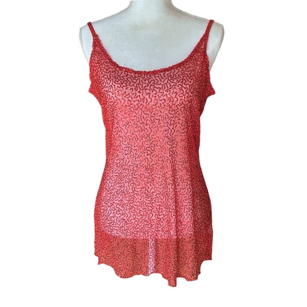 Tunic Tank Top Large Orange Red Sequins Sheer Sleeveless Stretch Mermaid Swiftie